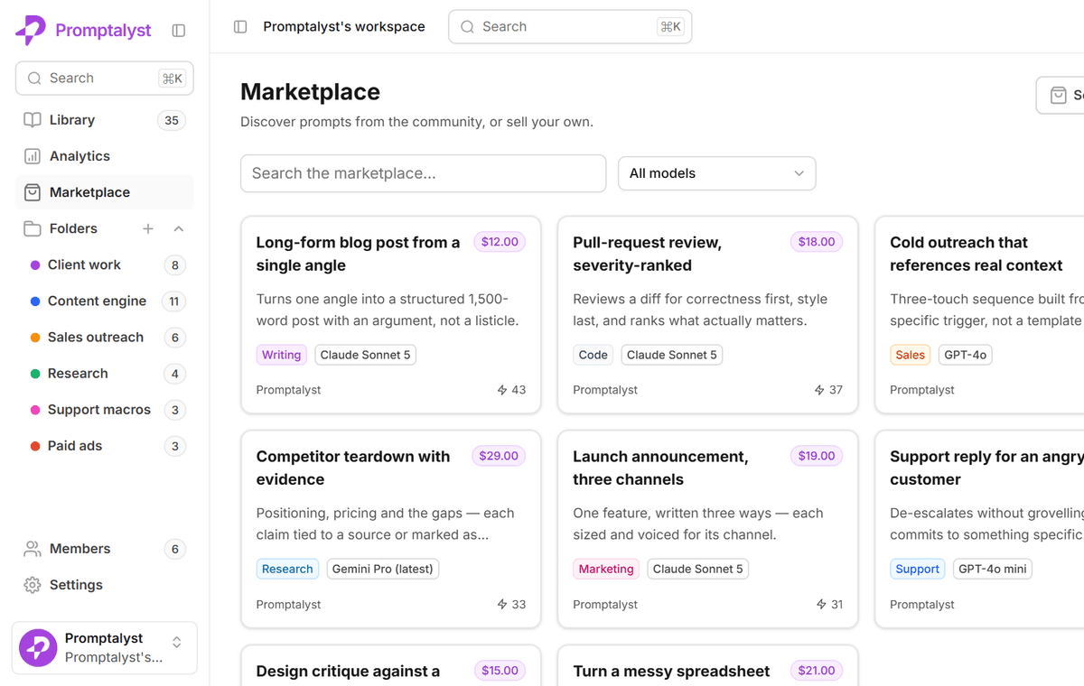 The public marketplace browser with prompt pack listings