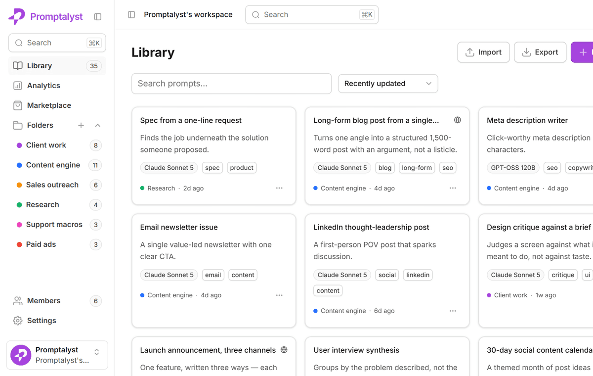 The Promptalyst library grid with folders and tags