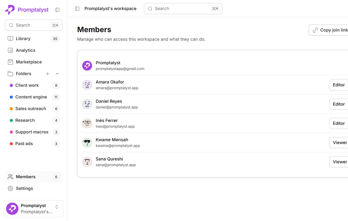 The members settings page with role assignments