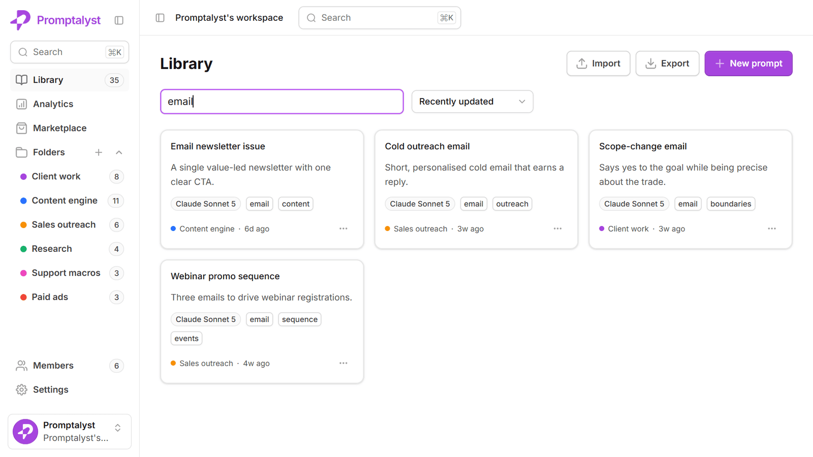The Promptalyst library with a search term entered and matching prompts filtered across folders and tags