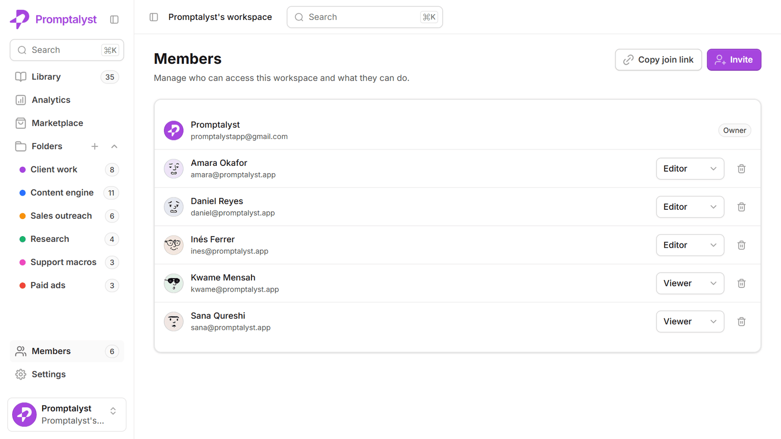 The members settings screen listing teammates with owner, editor and viewer roles