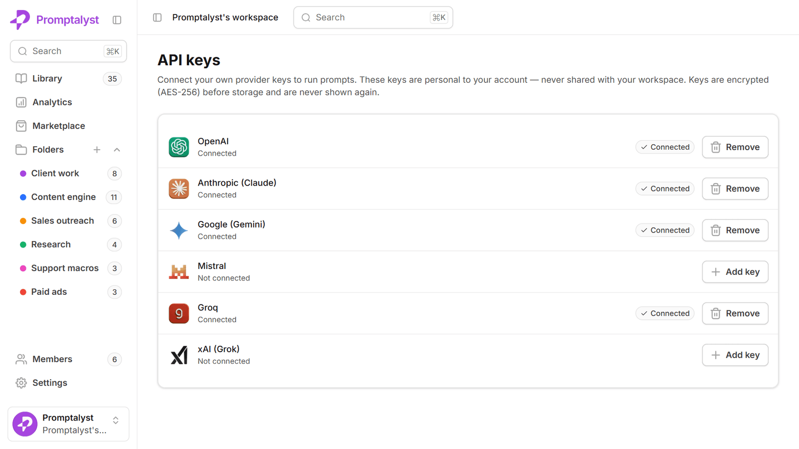 The API keys settings screen with one row per provider and a configured badge